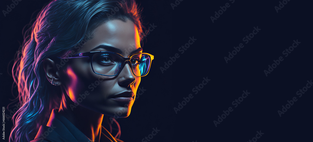 Fototapeta premium futuristic portrait of an intellectual business woman with spacs in neon light on a dark blue background. entrepreneur. future woman.