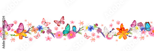 watercolor seamless border with plants, twigs, summer garden flowers, ladybugs and flying colorful butterflies