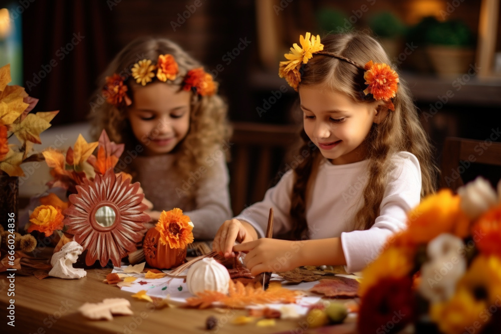 Kids are crafting handmade Thanksgiving decorations to adorn the house. Kids are crafting handmade Thanksgiving decorations to adorn the house.
