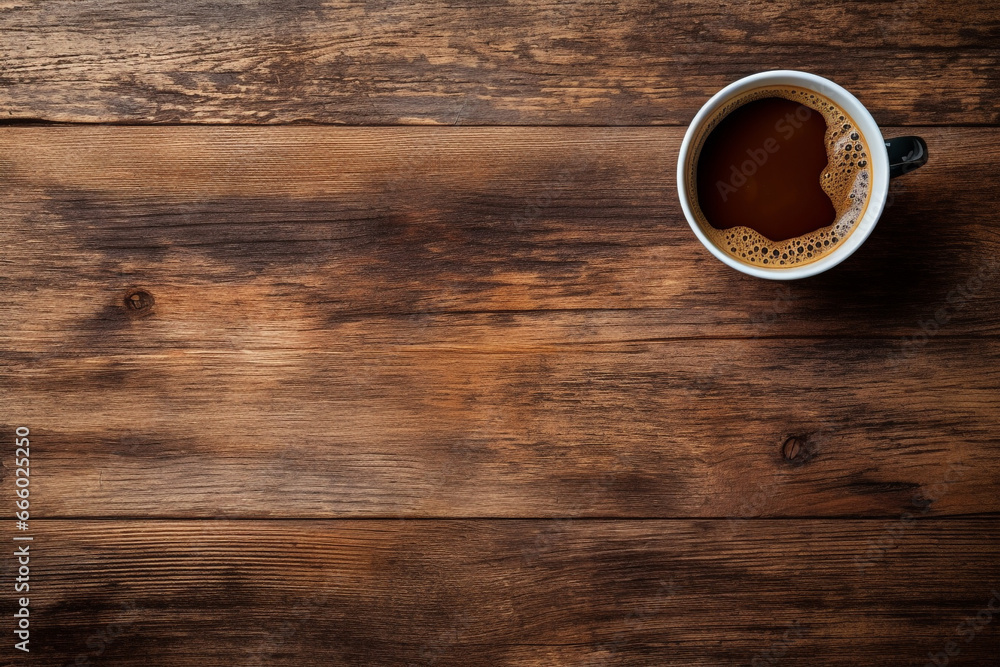 Cup of coffee, Top-Down View on Wooden Table Cup of coffee, Top-Down View on Wooden Table