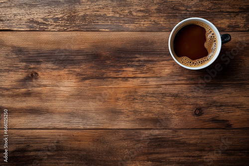 Cup of coffee, Top-Down View on Wooden Table