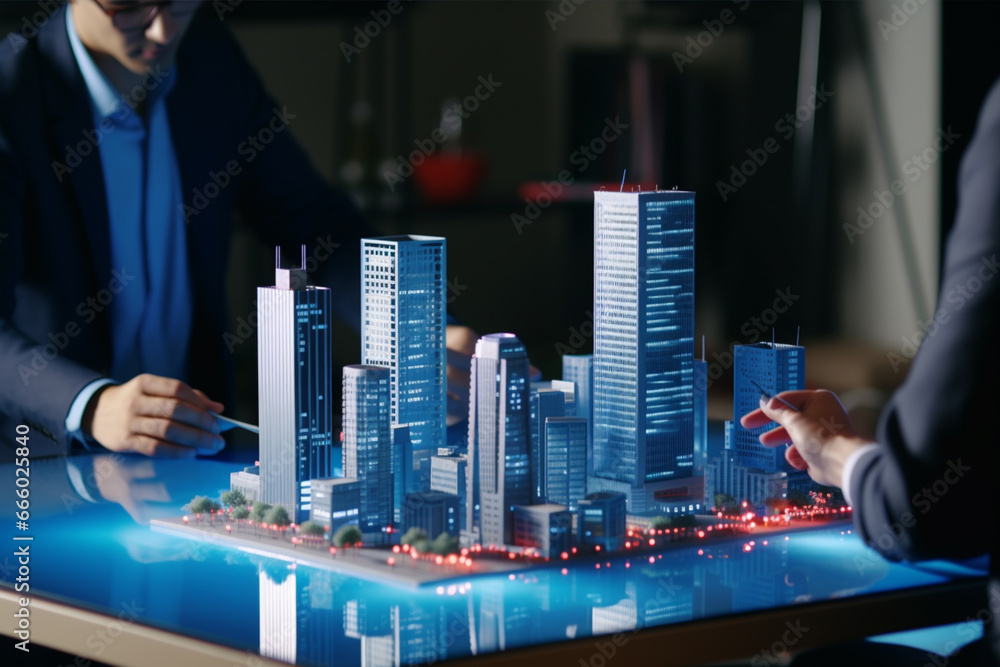 3d render model of small skyscraper building on table in real estate agency people talk and point about it around table. - obrazy, fototapety, plakaty 
