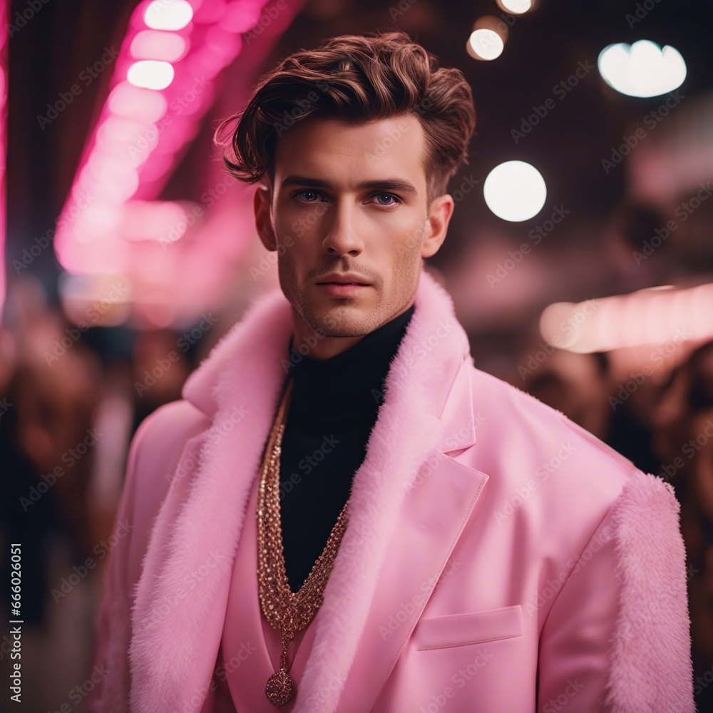 A male fashion model dressed in pink suit standing in the street.
