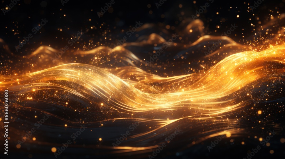 A mesmerizing dance of particles flows, leaving behind trails of golden light A mesmerizing dance of particles flows, leaving behind trails of golden light