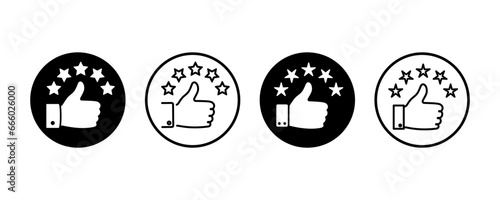 Set of thumb up and five stars in round vector icons. Customer feedback. Best rating or satisfaction. High service. 