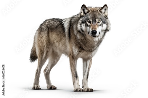 Photo of a majestic gray Dire wolf in a pristine snowy landscape created with Generative AI technology © Karlaage