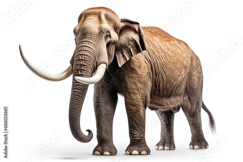 Photo of a majestic Woolly mammoth with its trunk raised against a pristine white background created with Generative AI technology