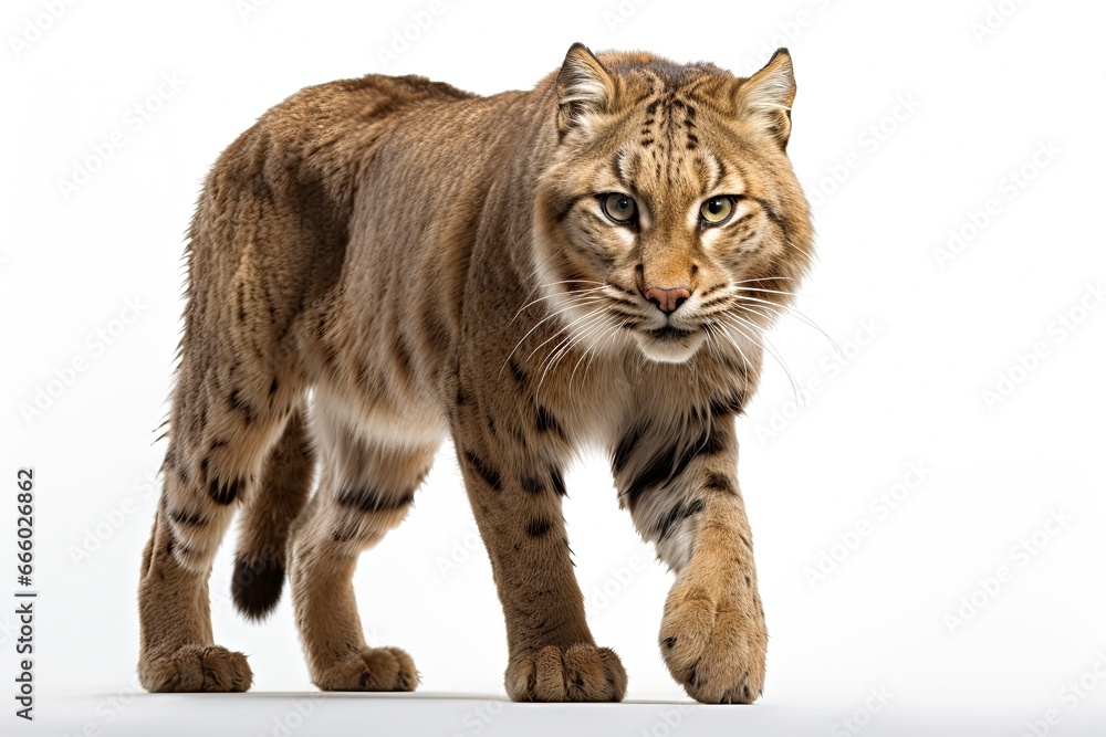 Fototapeta premium Photo of a detailed portrait of a domestic Sabre tooth cat against a blank canvas created with Generative AI technology