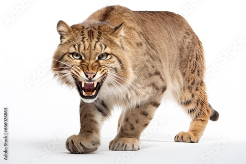 Photo of a fierce wild Sabre tooth cat captured in mid-stride with a wide-open mouth created with Generative AI technology © Karlaage