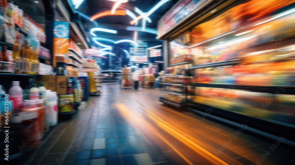 The hustle and bustle of a convenience store, captured in a blur