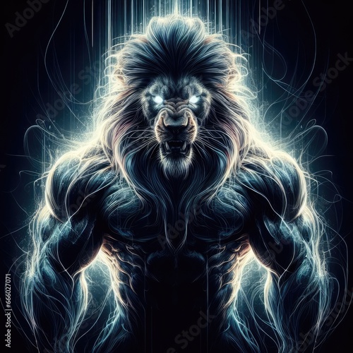 Angry bodybuilding lion with glowing lines  black background  illustration