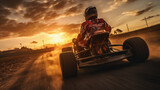 Speeding go karts race against time, capturing the thrill and excitement as the sun sets in the background