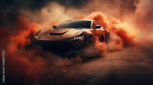 A sports car fiercely drifts, leaving behind an intense trail of smoke