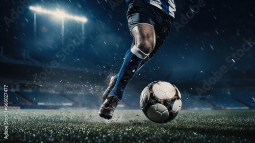 Under the stadium's floodlights, a soccer player fiercely kicks the ball