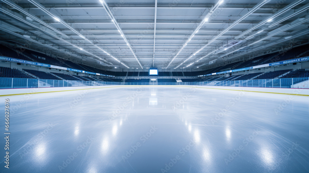 An empty ice rink awaits, reflecting the cold ambiance and anticipation of a hockey match