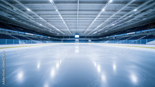 An empty ice rink awaits, reflecting the cold ambiance and anticipation of a hockey match © Putra