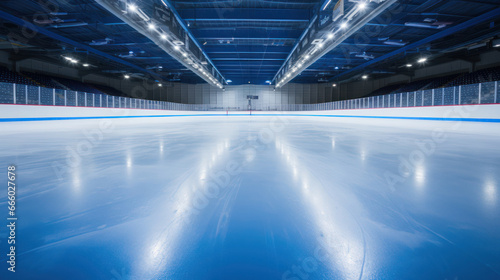 An empty ice rink awaits, reflecting the cold ambiance and anticipation of a hockey match