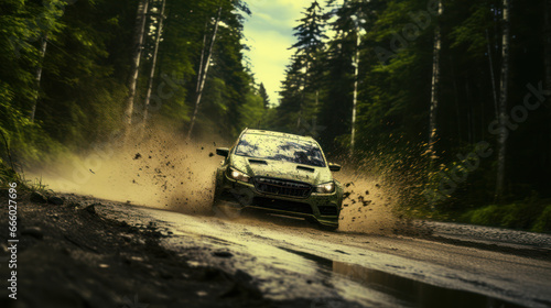 Cars speed through dense forests, capturing the essence of rally racing in forested terrains