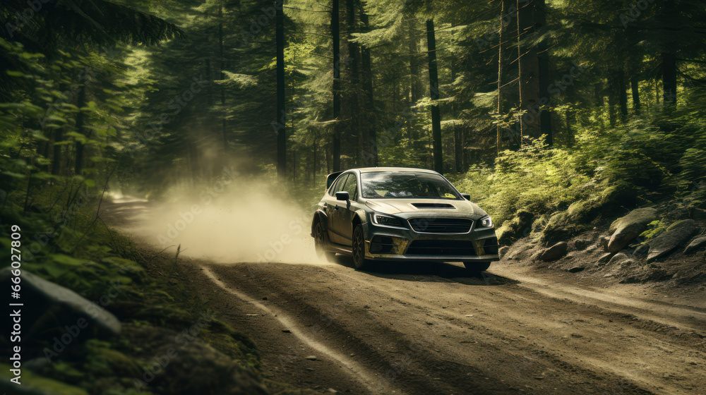 Cars speed through dense forests, capturing the essence of rally racing in forested terrains