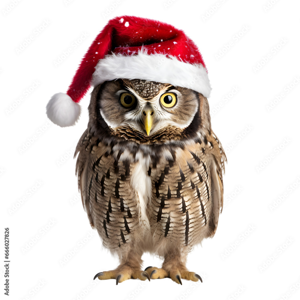 Owl wearing a christmas hat isolated on transparent background Owl wearing a christmas hat isolated on transparent background