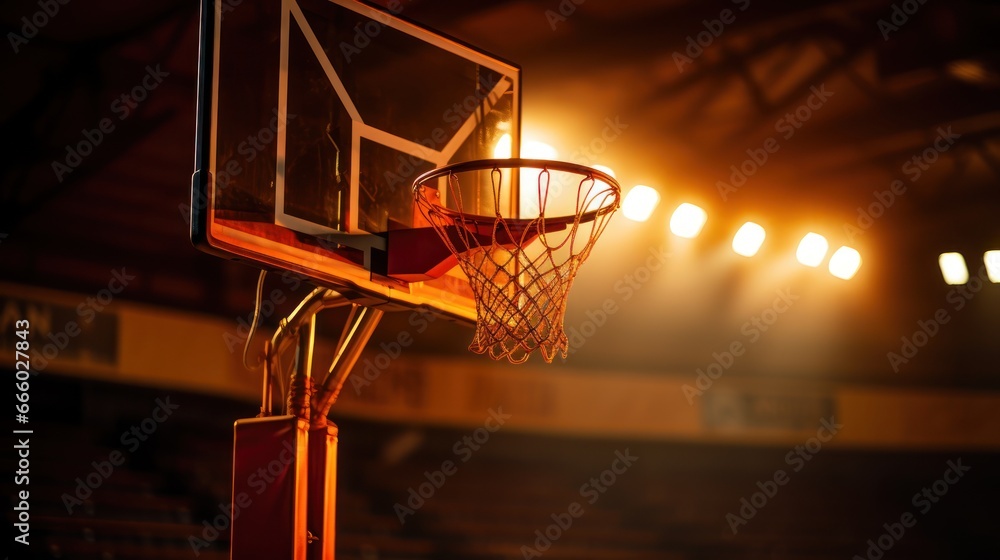 The basketball hoop stands prominent, spotlighted in a professional arena