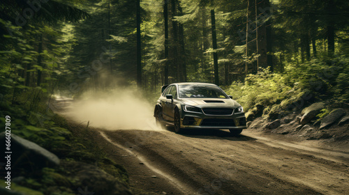 Cars speed through dense forests  capturing the essence of rally racing in forested terrains