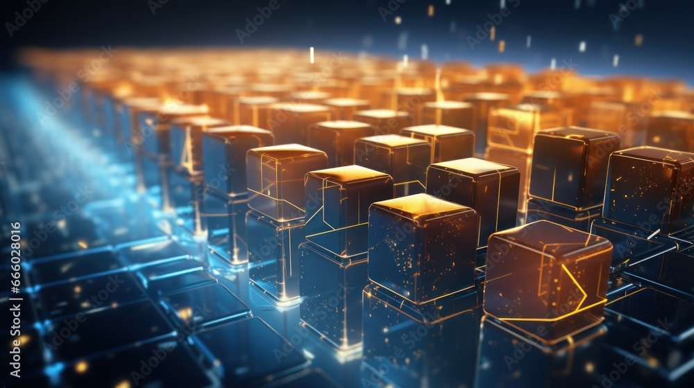 Fototapeta premium Interconnected blocks glide along a path, each symbolizing goods in transit, illustrating the application of blockchain in supply chains