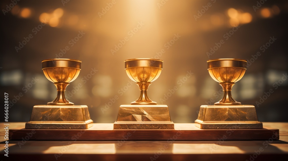 Three podiums, gold, silver, and bronze, stand tall, representing the honor of victory and the spirit of competition Three podiums, gold, silver, and bronze, stand tall, representing the honor of victory and the spirit of competition