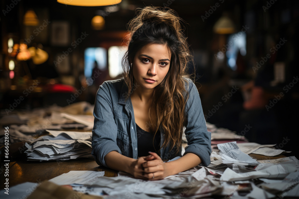Fototapeta premium Thoughtful young woman surrounded by documents in an urban bar setting with ambient evening lights.
