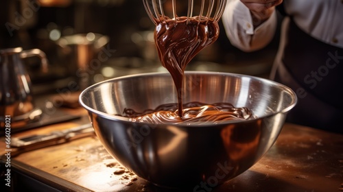A chef's skilled hand masterfully whisks melted chocolate, using a vintage wire whisk in a gleaming stainless steel bowl
