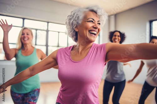 Aged active woman on dance class. Dancing fitness female group with positive energy vibe. Generate ai