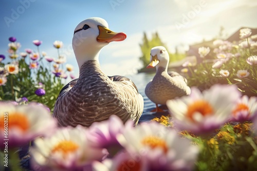 Ducks in colorful spring flower field. Beautiful summer scene of wild duck bird. Generate ai