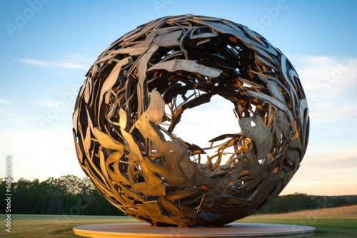Large scale contemporary sculpture made of steel representing entropy of the modern world in a park