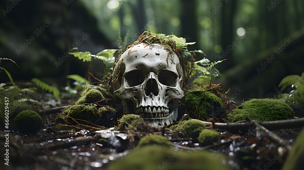 un crâne humain posé sur le sol dans une forêt - obrazy, fototapety, plakaty 