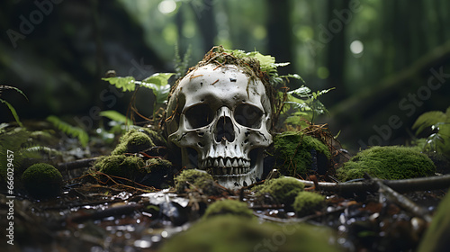 un crâne humain posé sur le sol dans une forêt