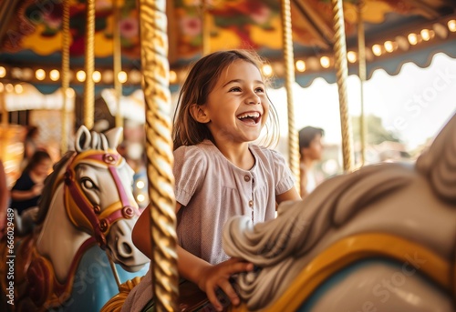 Happy girl on colorful carousel. Child happiness in amusement attraction park. Generate ai