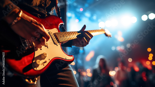 Zoom in on a guitarist's fingers as they shred through a guitar solo, emphasizing the intricate details of the performance, rock concert, blurred background
