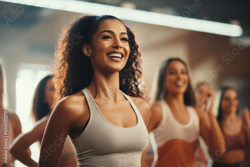Dance class group of beautiful women dancing and enjoying workouts practicing choreography moves with an instructor in a fitness studio Modern lifestyle, happiness concept.