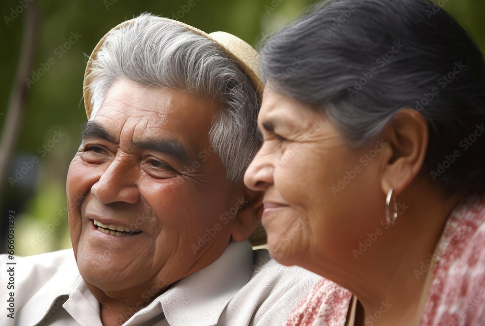 Hispanic smiling elderly couple. Positive Latin married people closeup portrait. Generate ai Hispanic smiling elderly couple. Positive Latin married people closeup portrait. Generate ai