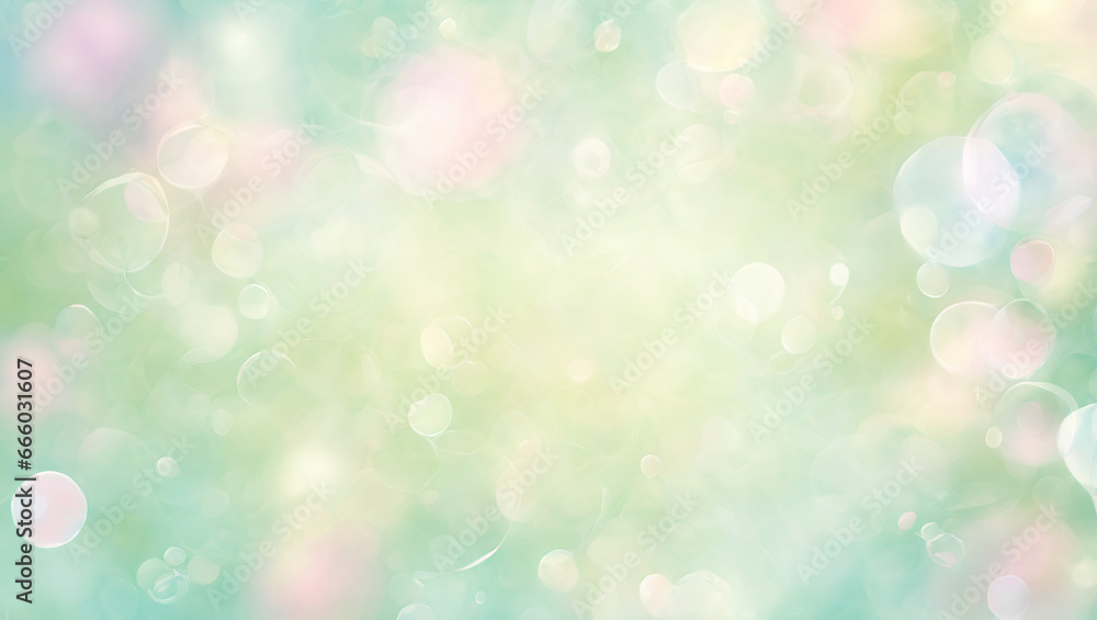 Fototapeta premium A mesmerizing and dreamy blend of soft ethereal blur, set against a backdrop of light green, adorned with whimsical bubbles, a delicate watercolor effect, and subtle bokeh elements.