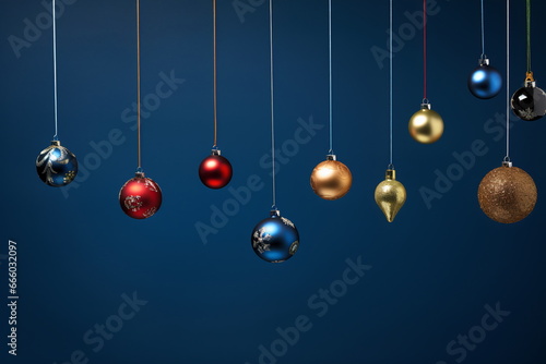 Set of Christmas toys hanging on dark blue background