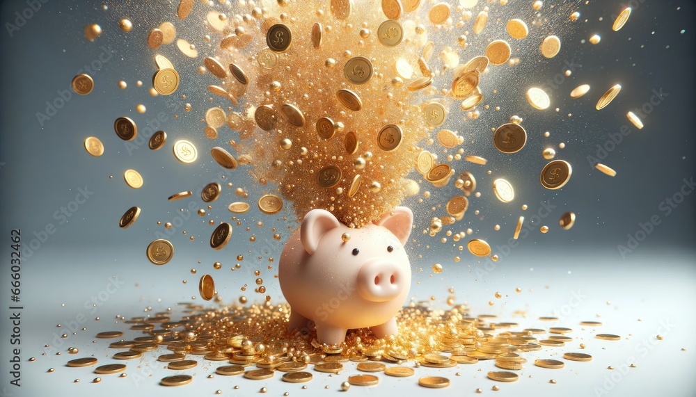 Adorable 3D visualization of a piggy bank, exploding with a shower of shiny gold coins. The scene captures the moment of impact, with golden particles suspended in mid-air. - obrazy, fototapety, plakaty 