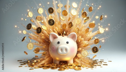 3D render of a cute piggy bank bursting open, with shimmering gold coins flying out in all directions. The piggy bank has a charming design, and the explosion of gold creates a dazzling visual effect.
