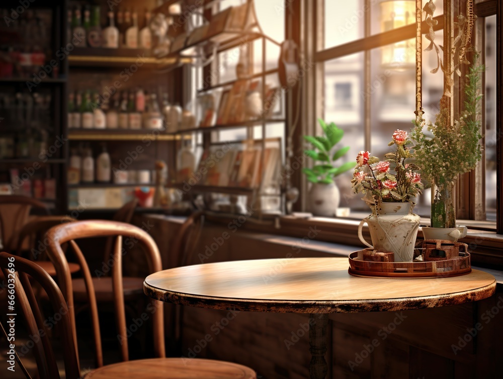 A captivating coffee shop image showcases a snug shelf and table arrangement, ideal for enhancing cafe ambiance. The background's bokeh effect infuses the setting with enchantment.