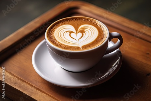 Morning delight. Hot cappuccino and latte beautiful art heart. Coffee creations. Espresso masterpieces. Artistry in cup. Cafe elegance