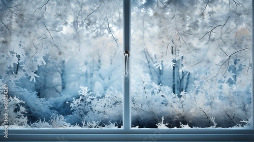 A frosty windowpane showcasing a snowy, outdoor scene  © Halim Karya Art