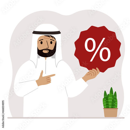 A man holds a percent sign in his hand. The concept of percentage, discount, promotion, interest rate, percent discount in shopping.