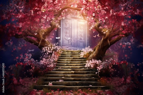 mysterious door and stairs on a blossoming spring meadow. Generative AI