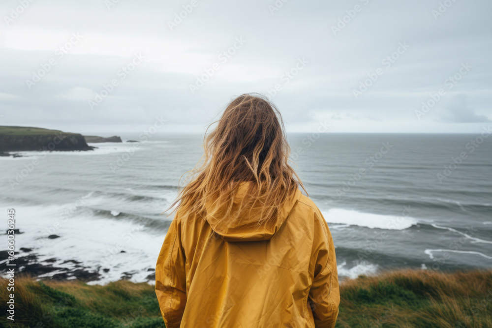 Young girl wearing raincoat standing on the edge of a cliff with huge ...