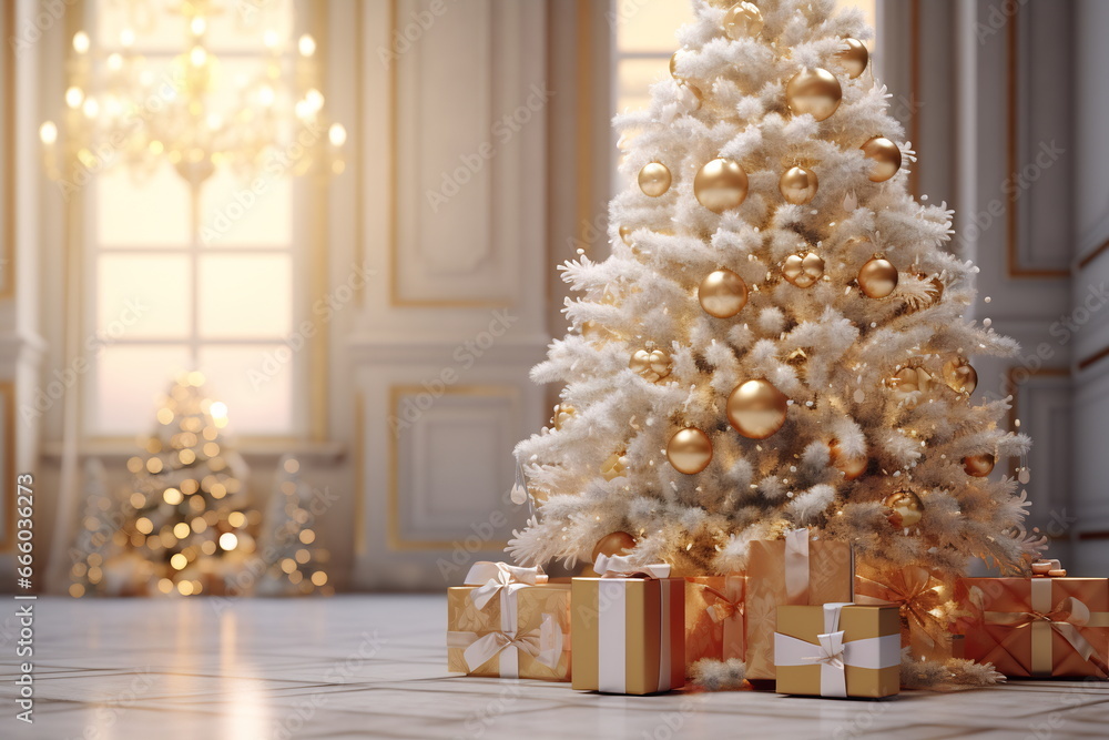 Decorated Christmas tree with golden patchwork ornament artificial gold balls and big gift presents for new year. Big window